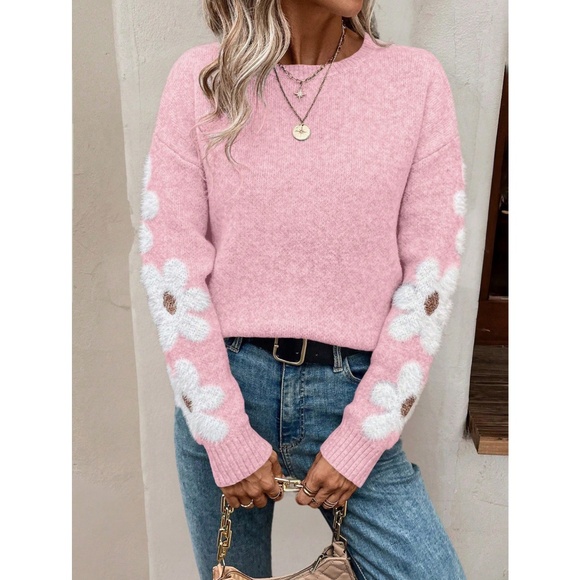 Pink Pullover Sweater Knit Flower Textured Button Front - Picture 6 of 7